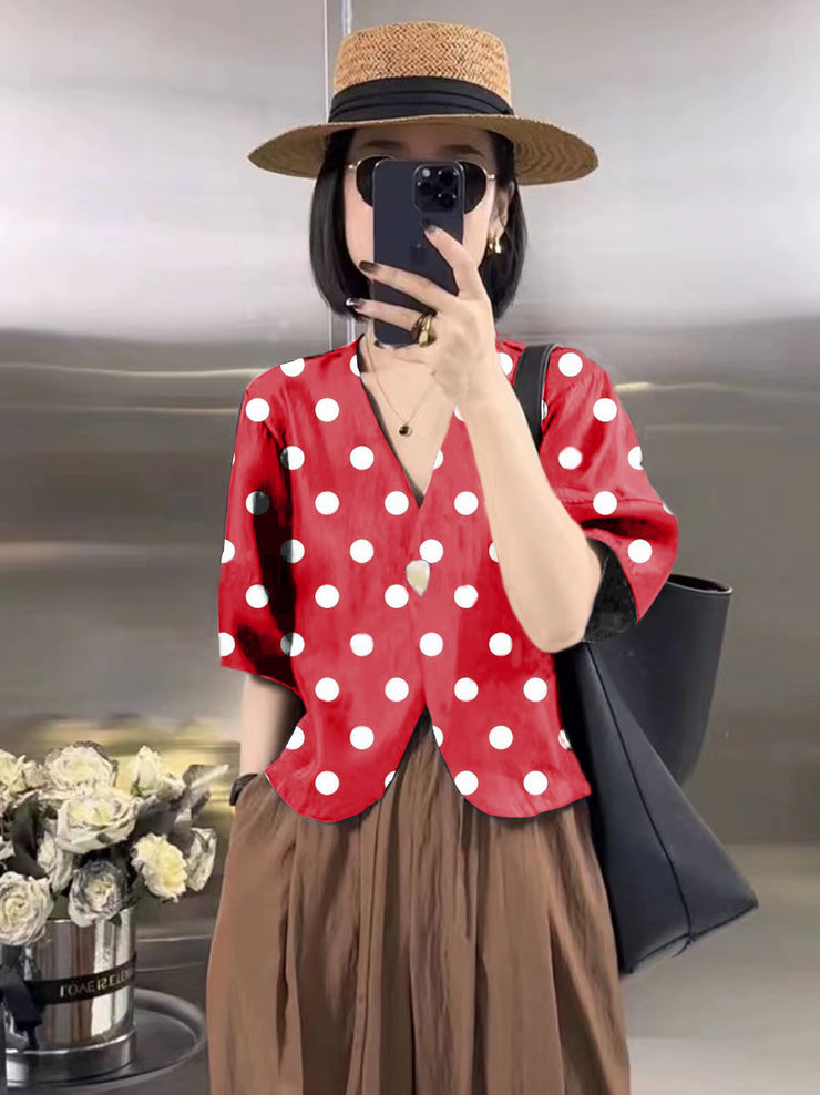 French Red polka dots V Neck Button Silk Shirt Short Sleeve