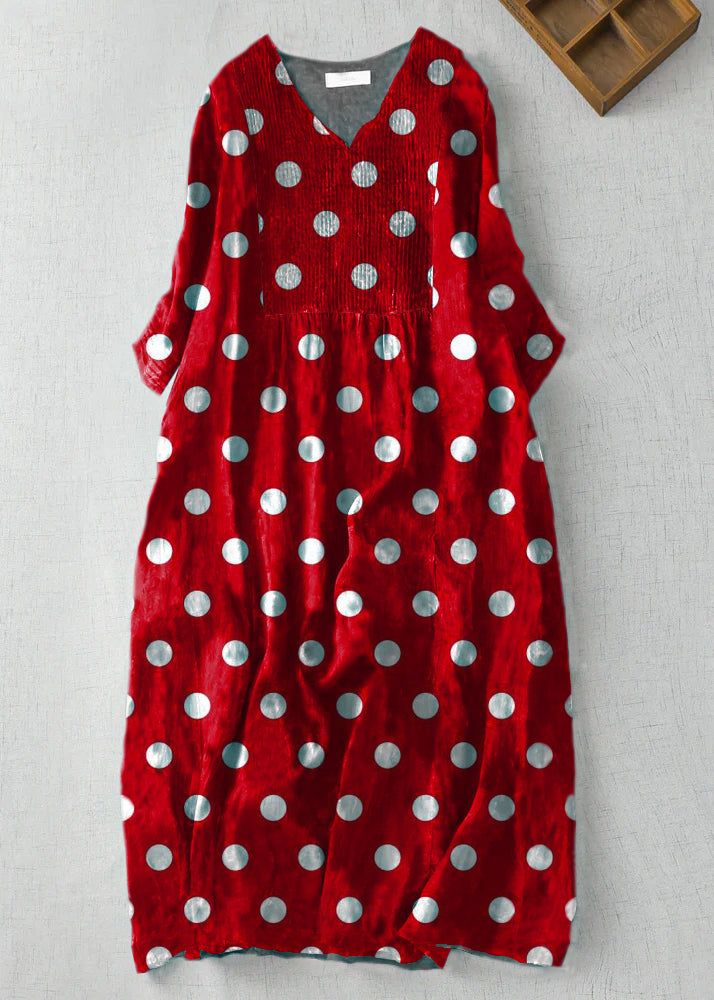 Modern Red polka dots V Neck Print Wrinkled Linen A Line Dress Summer