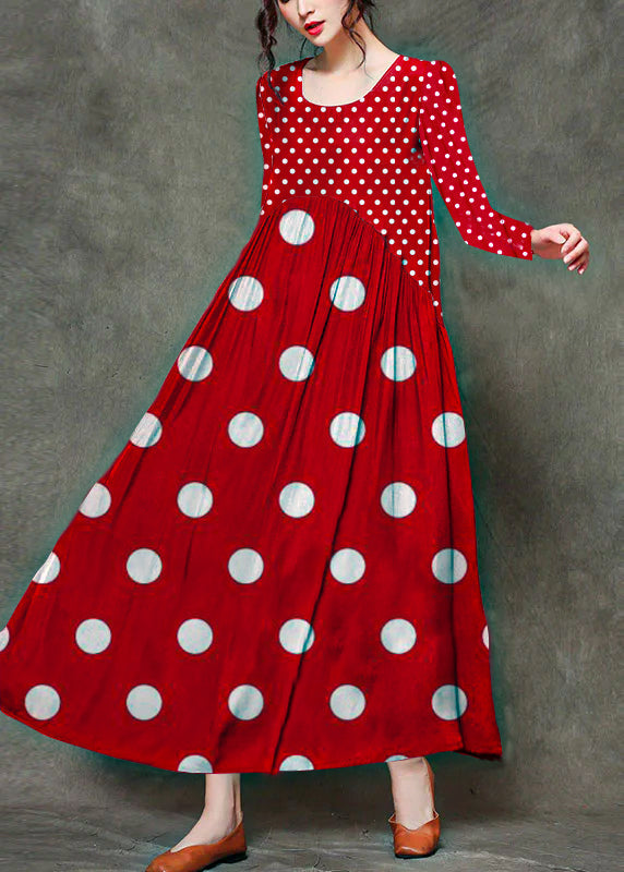 Casual Red polka dot stitching O-Neck Wrinkled Long Dresses Sleeveless