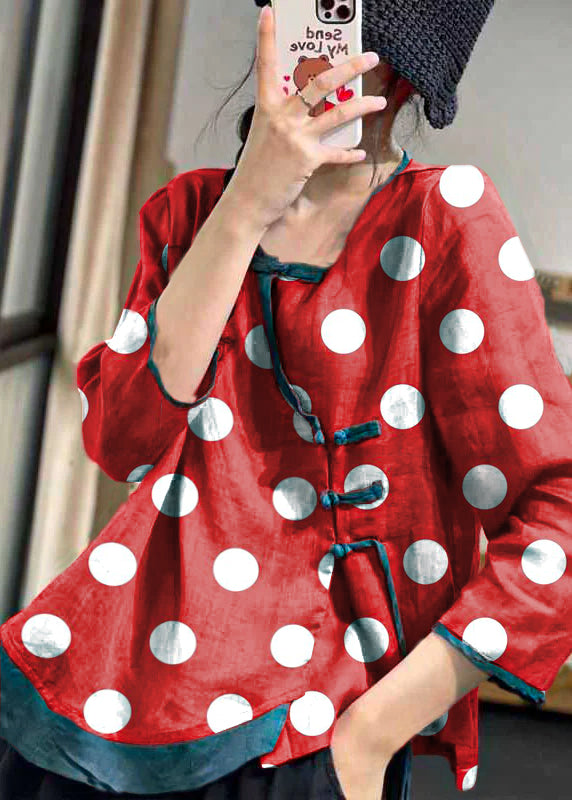 French Red polka dots Asymmetrical Button Linen Blouses Long Sleeve
