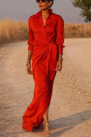 Color texture Satin Wrap Shirt Maxi Dress