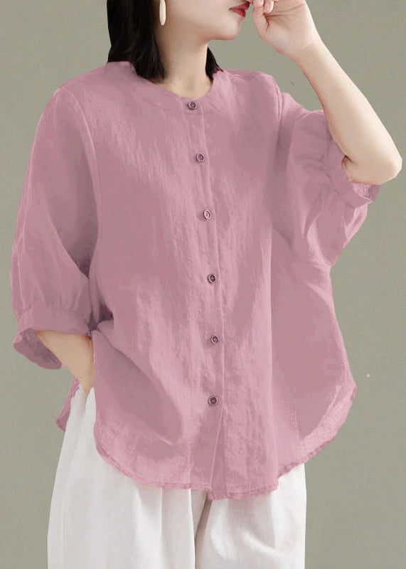 Art Pink O-Neck Button Linen Loose Shirt Top Lantern Sleeve