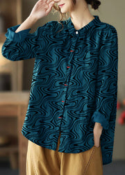 Blue Patchwork Linen Shirt Peter Pan Collar Embroidered Spring