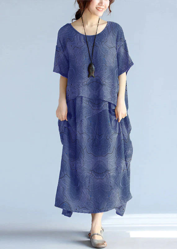 baggy blue-texture long linen dresses oversized layered cotton maxi dress vintage short sleeve cotton clothing