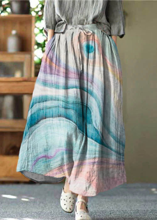 Casual Blue texture Pockets wrinkled Tie Waist Linen Skirt Summer