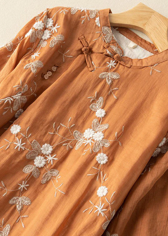 Grace Orange Embroidered Chinese Button Patchwork Linen Dress Summer