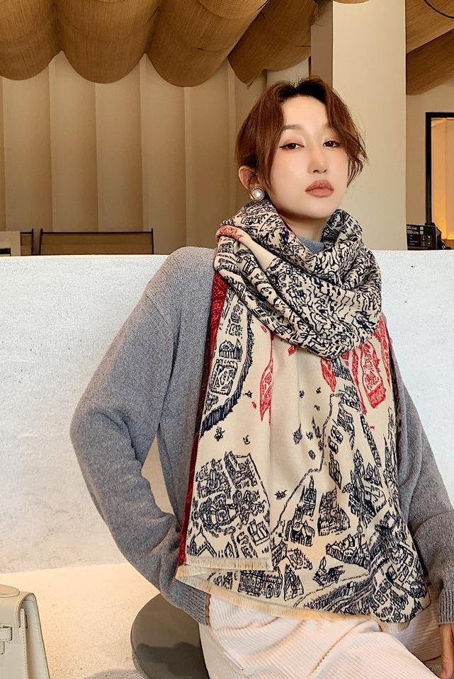 Women Spring Warm Thick Retro Mural Scarf