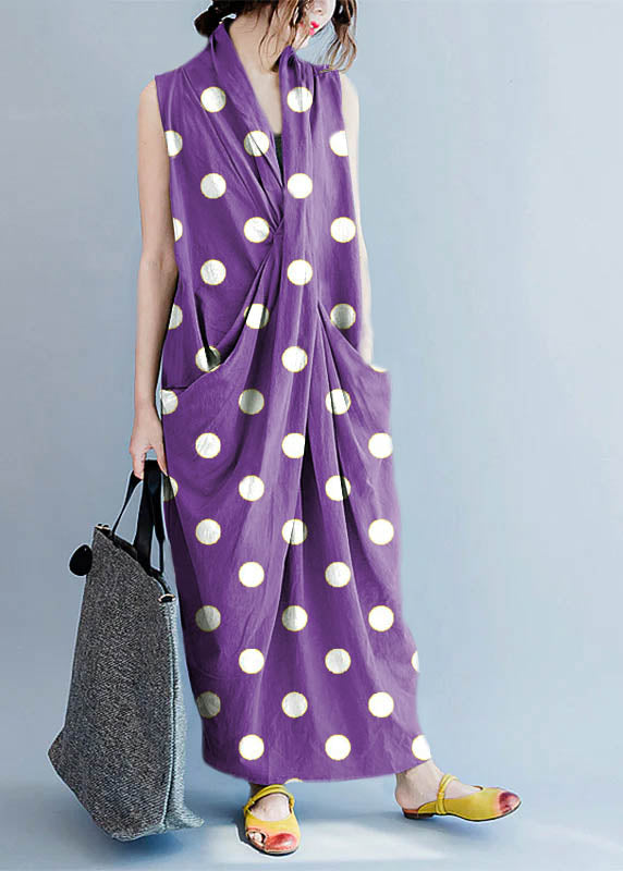 V Neck Sleeveless Loose Long Dress Casual Split Hem Purple polka dots Long Tank