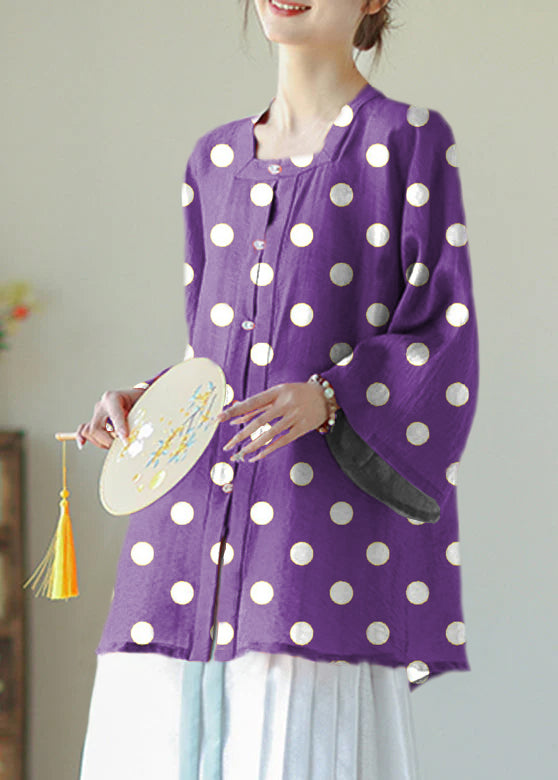 Chinese Style Purple Polka Dots Patchwork Square Collar Silk Linen Top Spring