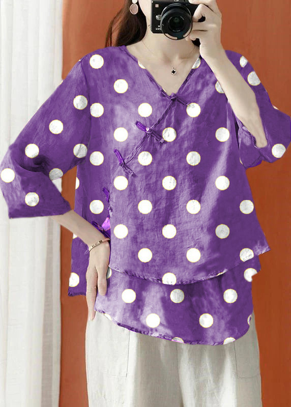 Beautiful Purple Asymmetrical Print Linen Blouses Half Sleeve