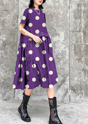 Beautiful o neck Cinched Cotton summer clothes For Women Shape Purple polka dots Dress