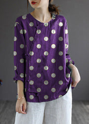 Purple polka dots Loose Linen Shirt Tops Embroidered Long Sleeve