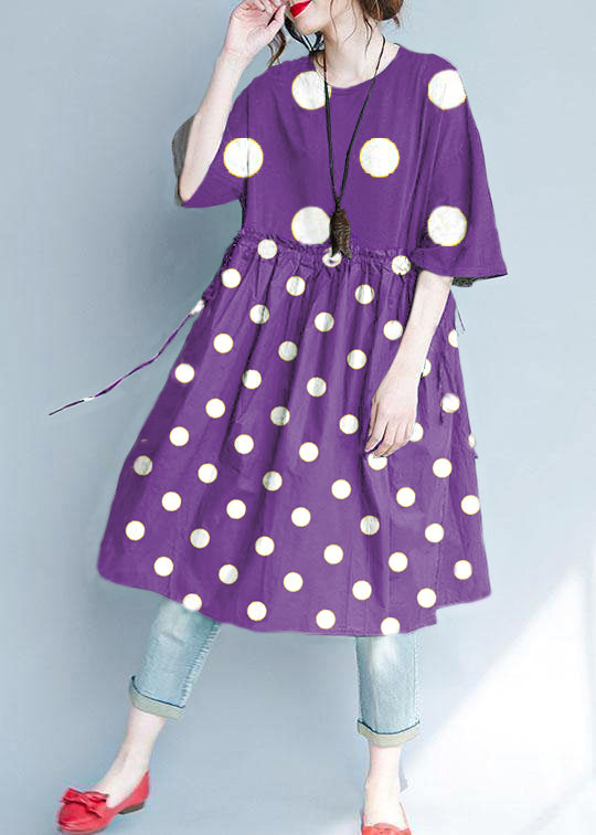 Italian White polka dots linen quilting dresses ruffles loose summer Dress