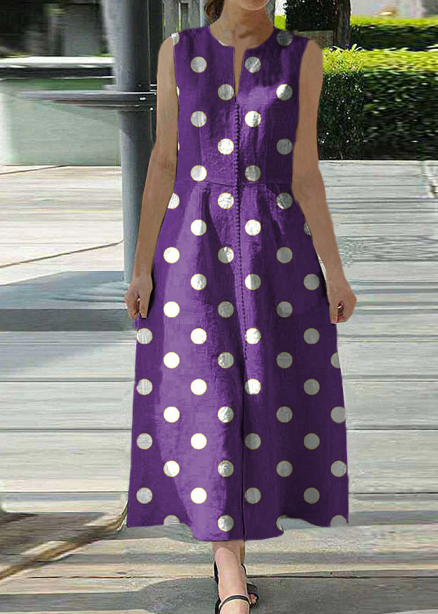 Women Solid Purple polka dots Sleeveless V-Neck Back Zipper Pocket Dress