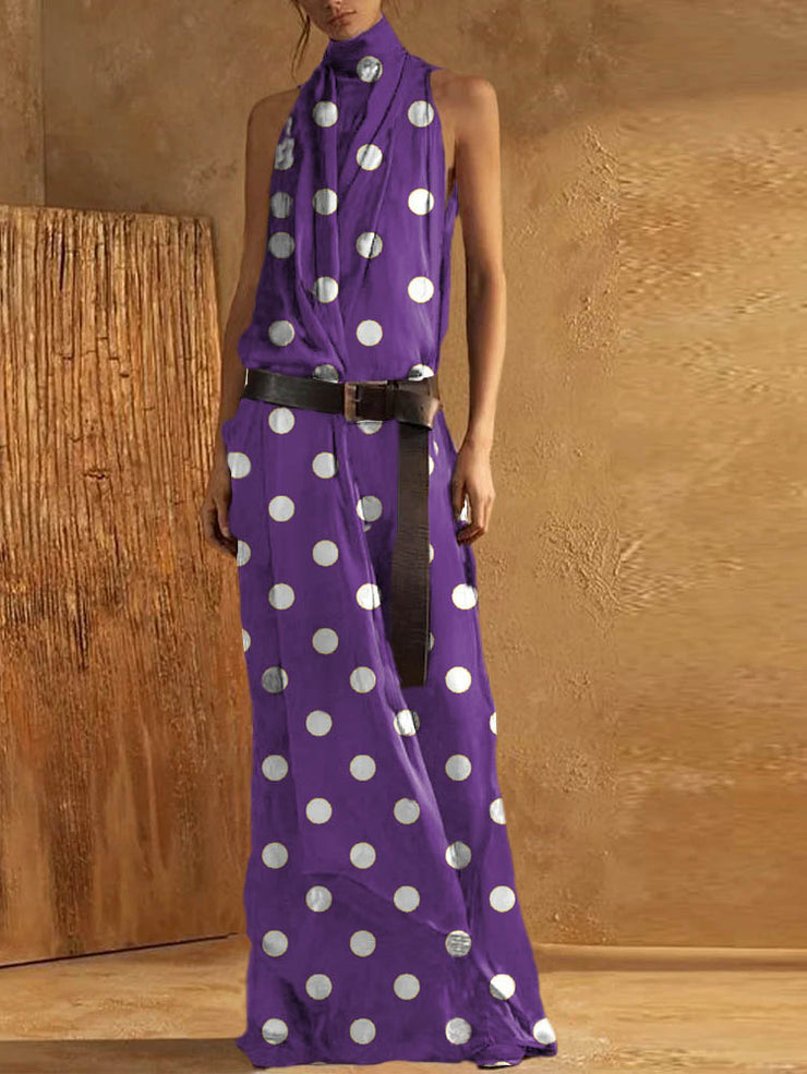 Purple polka dots Elegant Plain High Neck Sleeveless Loose Maxi Tank Dress