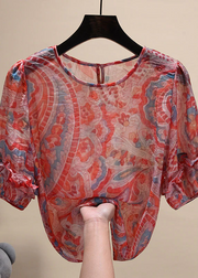 Grace Red O-Neck Ruffled Print Chiffon Shirt Top Short Sleeve