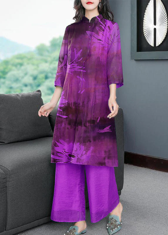 Modern Light Purple Embroideried Side Open Silk Two Piece Set Bracelet Sleeve