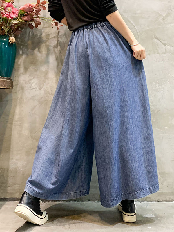 Color-Block Bandage Embroidered Wide Leg Denim Pants