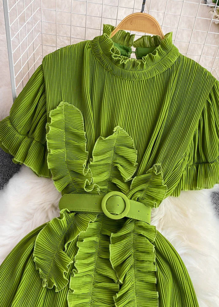 Grace Green Stand Collar Ruffled Maxi Dress Short Sleeve