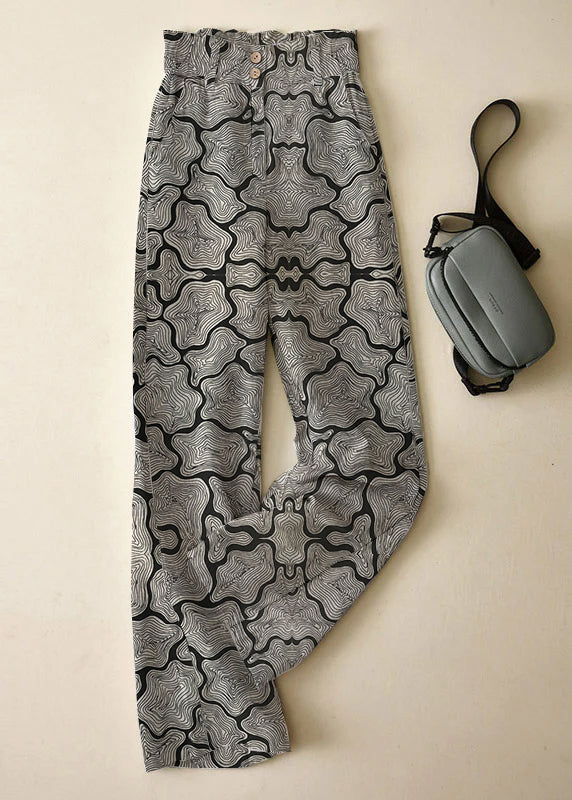 Elegant Black-texture High Waist Button Linen Straigh Pants Summer