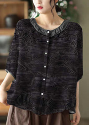 Simple Black O Neck Patchwork Print Linen Shirt Tops Half Sleeve