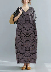 Loose Black - texture V Neck Oversized Leaf Print Chiffon Long Dress Short Sleeve