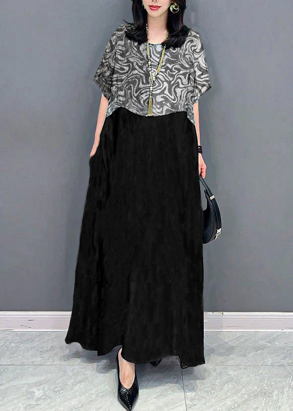 Bohemian black texture O Neck Pockets Print Patchwork Silk Long Dresses Summer