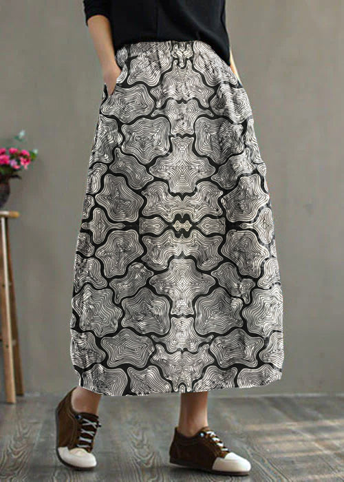 Women Black - texture Elastic Waist Patchwork Print Fine Cotton Filled Skirt Winter