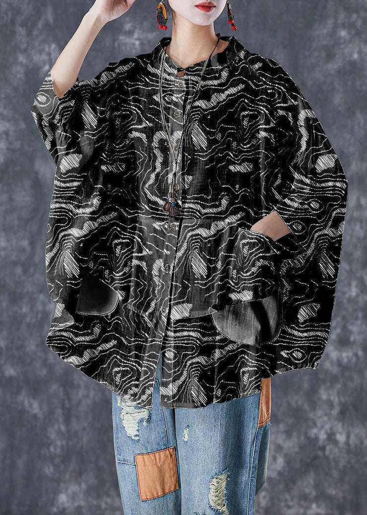 Plus Size black - texture Stand Collar Patchwork Linen Shirt Tops Batwing Sleeve