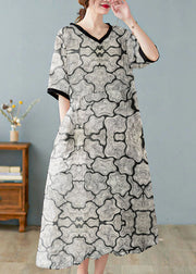 Boutique Black texture V Neck Print Linen Dresses Short Sleeve