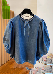 Grace Denim Blue Patchwork Tie Lace Tops Summer