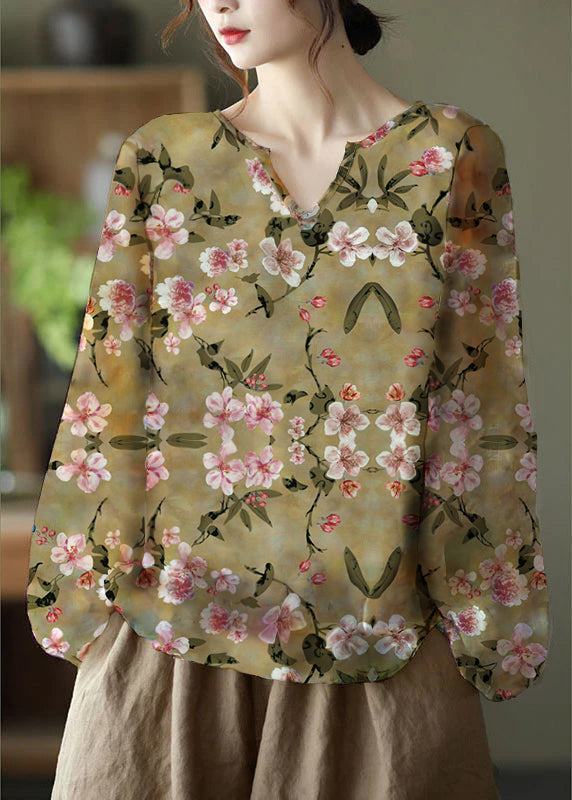 Handmade brown  V Neck Casual Floral Fall Blouse Long sleeve