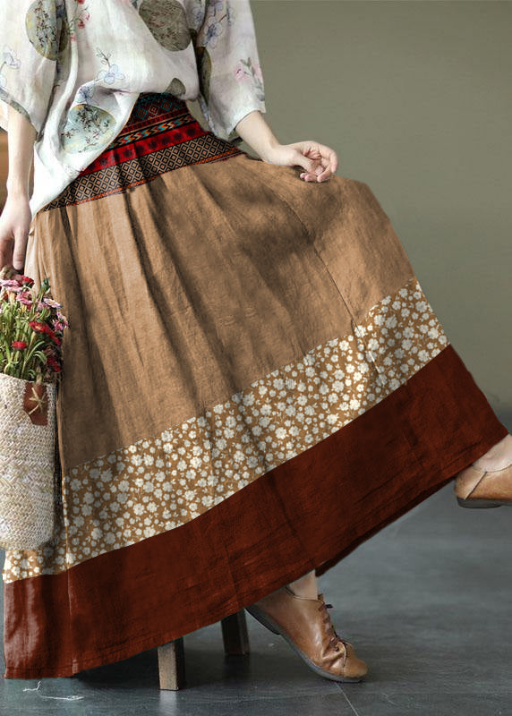 Women Brown and red stripes Ramie Elastic Waist Skirt