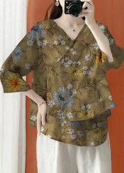 Beautiful Brown Dragon Asymmetrical Print Linen Blouses Half Sleeve