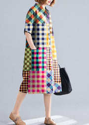 Women Colorful plaid Cotton quilting clothes lapel pockets Plus Size Dress