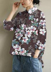 French lapel fall Tunic Wardrobes Brown-floral  blouses