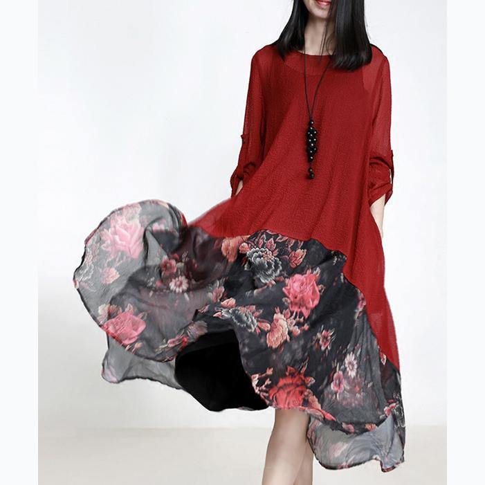 fashion red silk dress plus size clothing patchwork silk clothing dresses women asymmetric hem silk caftans