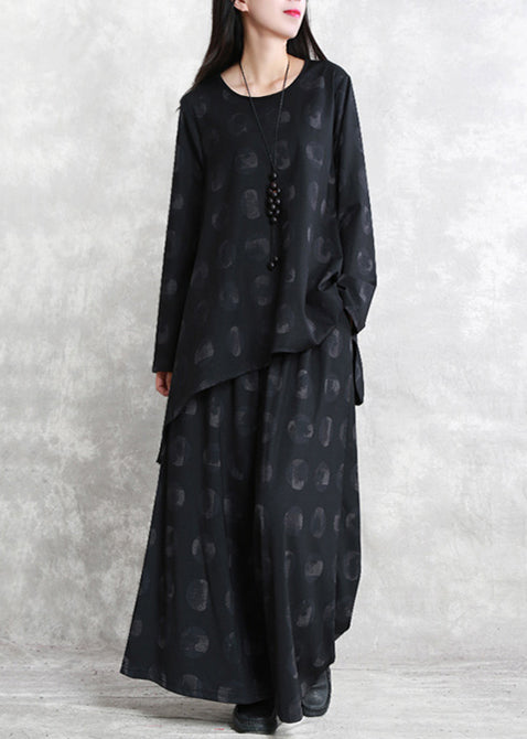 schwarze bedruckte Bluse plus Größenhose zweiteiliges Set asymmetrischer O-Ausschnitt