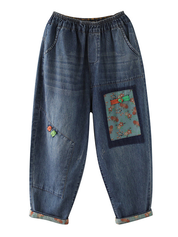 Vintage Artistic Retro Applique Denim Pants