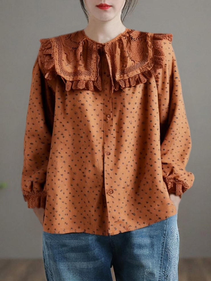 Grace Peter Pan Collar Print Cotton Shirts Spring