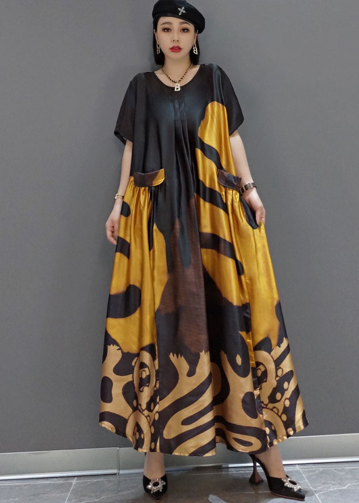 loose black-flower O-Neck Print Satin Maxi Dress Summer