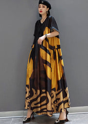 loose black-flowers and birds O-Neck Print Satin Maxi Dress Summer