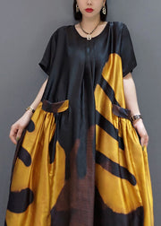 loose black-hem flower O-Neck Print Satin Maxi Dress Summer