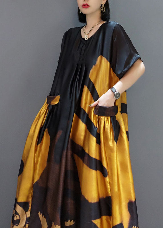 loose black-hem flower O-Neck Print Satin Maxi Dress Summer