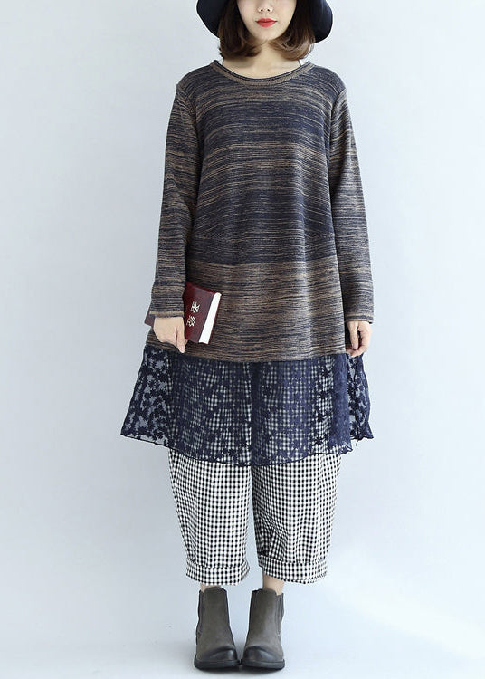 new multi blue cotton patchwork lace knit dresses plus size casual mid sweater dress