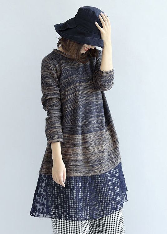 neue multiblaue Baumwoll-Patchwork-Spitzenstrickkleider plus lässiges, mittelgroßes Pulloverkleid