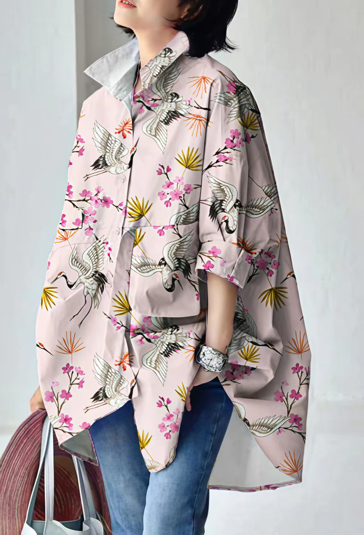 Pink Floral Peter Pan Collar Low High Design Cotton Shirt Long Sleeve