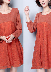 Plus Size Casual dunkelrosa Baumwollmischkleider Patchwork-Spitze O-Ausschnitt elegantes Damenkleid