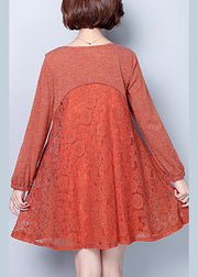 plus size casual dark pink cotton blended dresses patchwork lace o neck elegant women dress