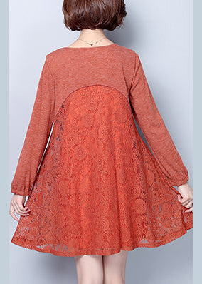 Plus Size Casual dunkelrosa Baumwollmischkleider Patchwork-Spitze O-Ausschnitt elegantes Damenkleid